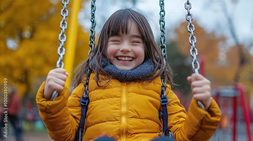 Cheerful girl swinging in a park during autumn, wearing a cozy yellow jacket, enjoying a joyful moment amidst vibrant leaves. Cheerful girl swinging in a park during autumn, wearing a cozy yellow jacket, enjoying a joyful moment amidst vibrant leaves.