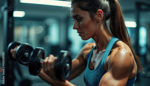 Sous les lumières vives de la salle de sport, une femme tonique travaille son endurance à travers des exercices de musculation intenses.