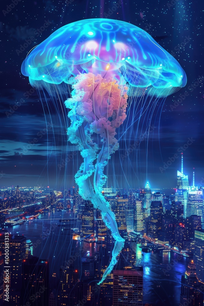 Giant translucent jellyfish glowing with strange iridescent colors in the sky above a large city.