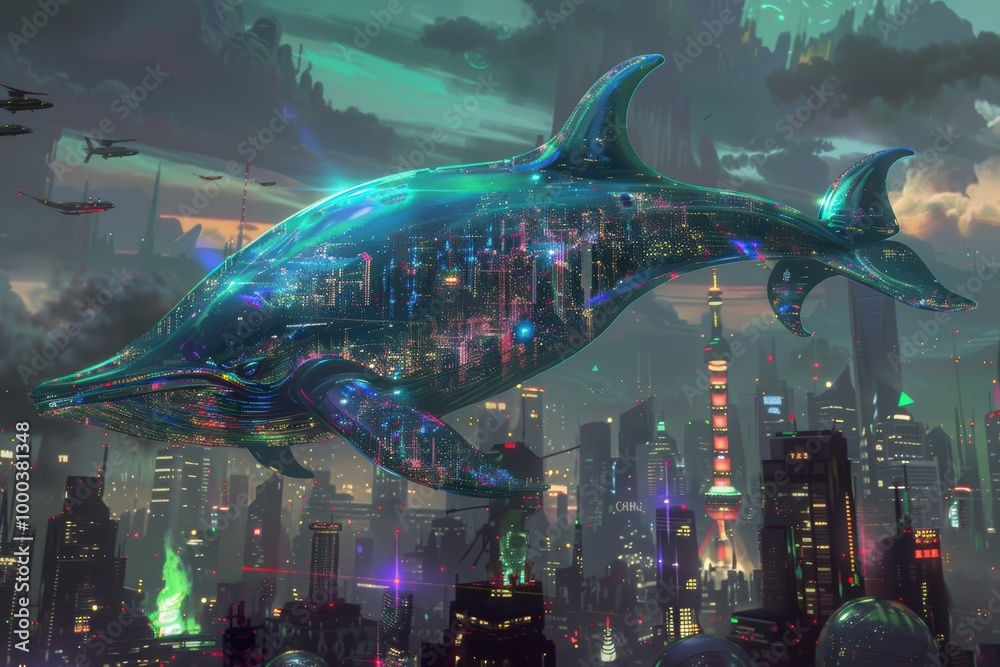 A futuristic dolphin-shaped entity floats over a vibrant city, illuminated by neon lights with a celestial atmosphere, blending nature and technology