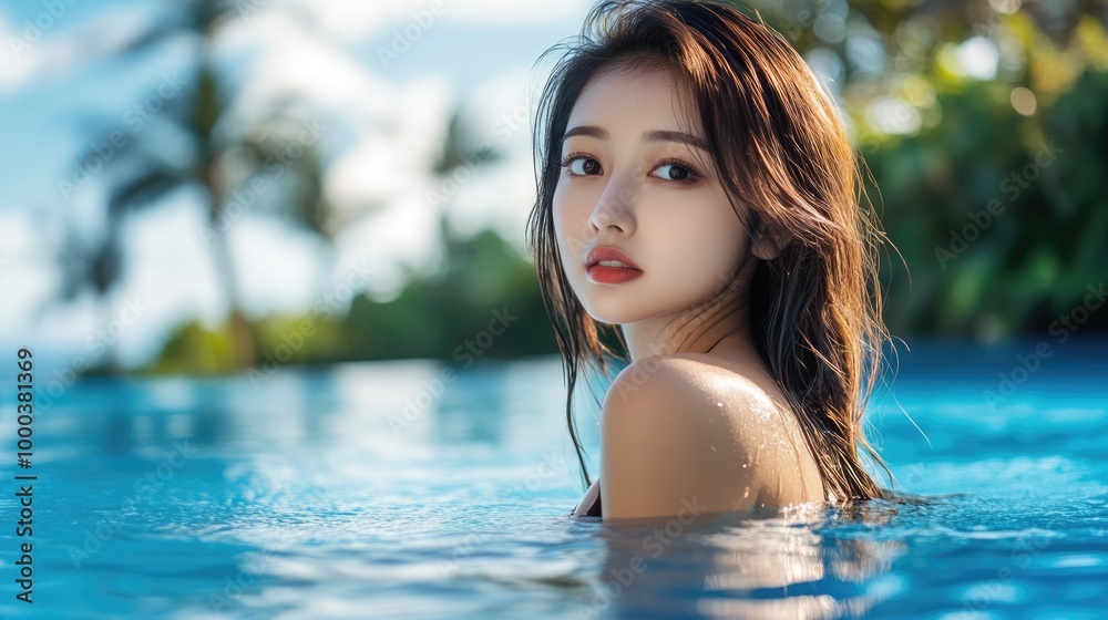 Young Asian woman in the outdoor pool at tropical resort on sunny day. Beautiful happy female tourist on summer vacation Young Asian woman in the outdoor pool at tropical resort on sunny day. Beautiful happy female tourist on summer vacation