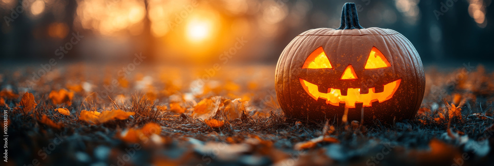 A carved jack-o-lantern glows in a field of autumn leaves. A carved jack-o-lantern glows in a field of autumn leaves.