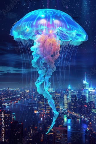 Obraz na płótnie Giant translucent jellyfish glowing with strange iridescent colors in the sky above a large city. w salonie