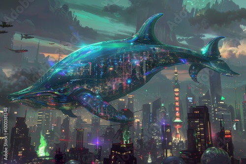 Obraz na płótnie A futuristic dolphin-shaped entity floats over a vibrant city, illuminated by neon lights with a celestial atmosphere, blending nature and technology w salonie