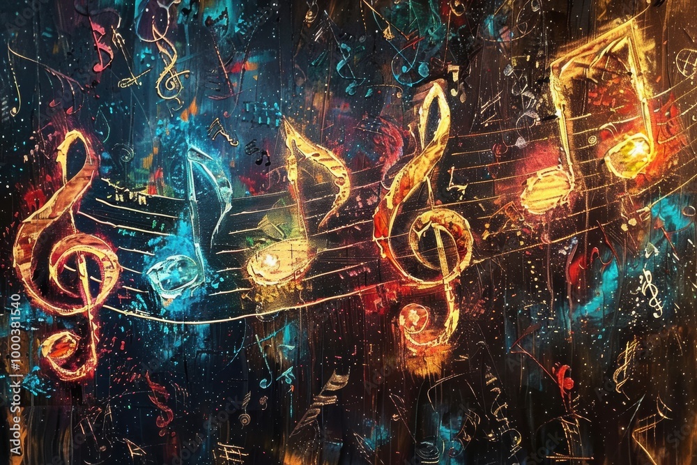 A vibrant, abstract depiction of musical notes against a starry background, conveying the harmony and joy of music