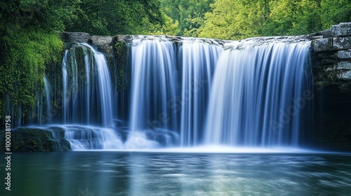 A Cascading Waterfall in a Lush Green Forest