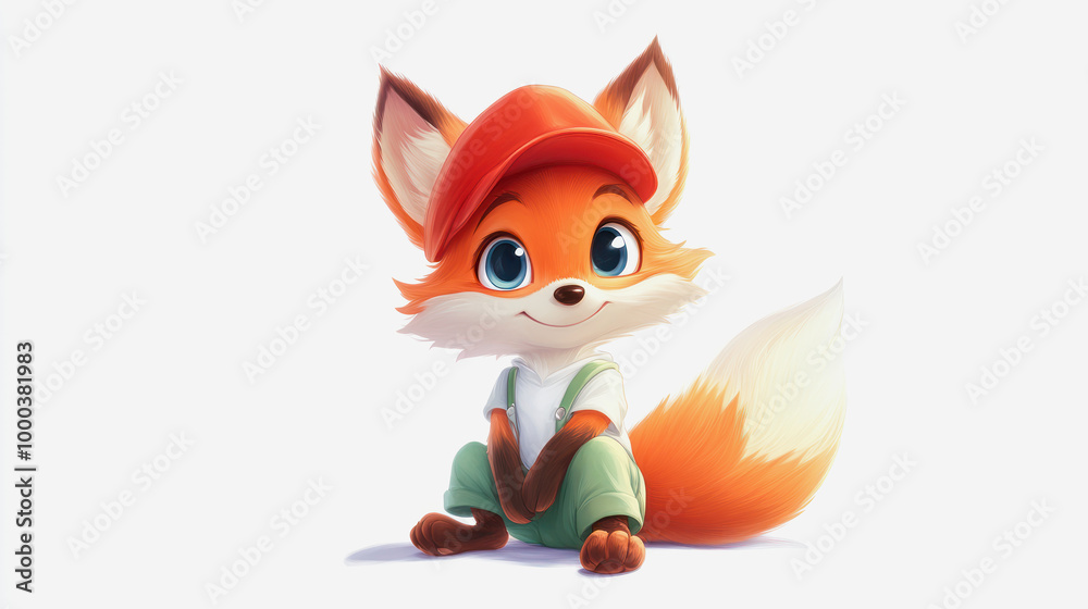 fox character with a red cap and a green overall against white background with copyspace fox character with a red cap and a green overall against white background with copyspace