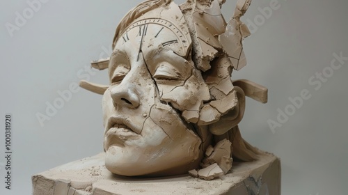 Merge Efficiency and Sadness in a surreal clay sculpture, featuring a fragmented clock symbolizing time slipping away Craft a thought