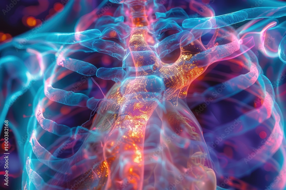 mri scan of chest, A vibrant digital illustration of a human chest, highlighting the skeletal and respiratory systems with colorful, glowing effects