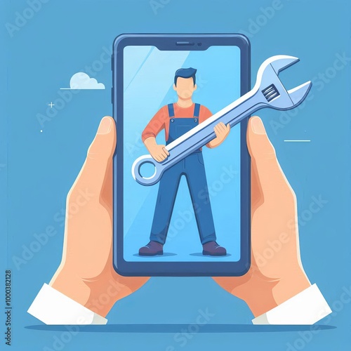 Advertising of repair service application. Online call of master. Color template for technical support