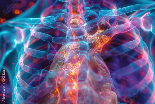 Obraz na płótnie mri scan of chest, A vibrant digital illustration of a human chest, highlighting the skeletal and respiratory systems with colorful, glowing effects w salonie