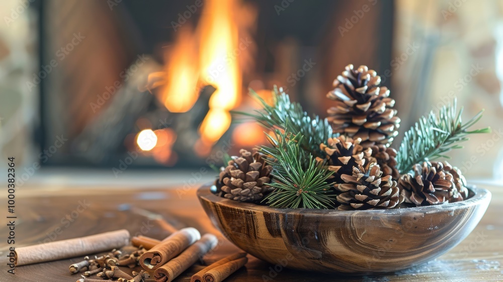 A cozy arrangement of pinecones and greenery in a wooden bowl, with a warm fireplace glowing in the background