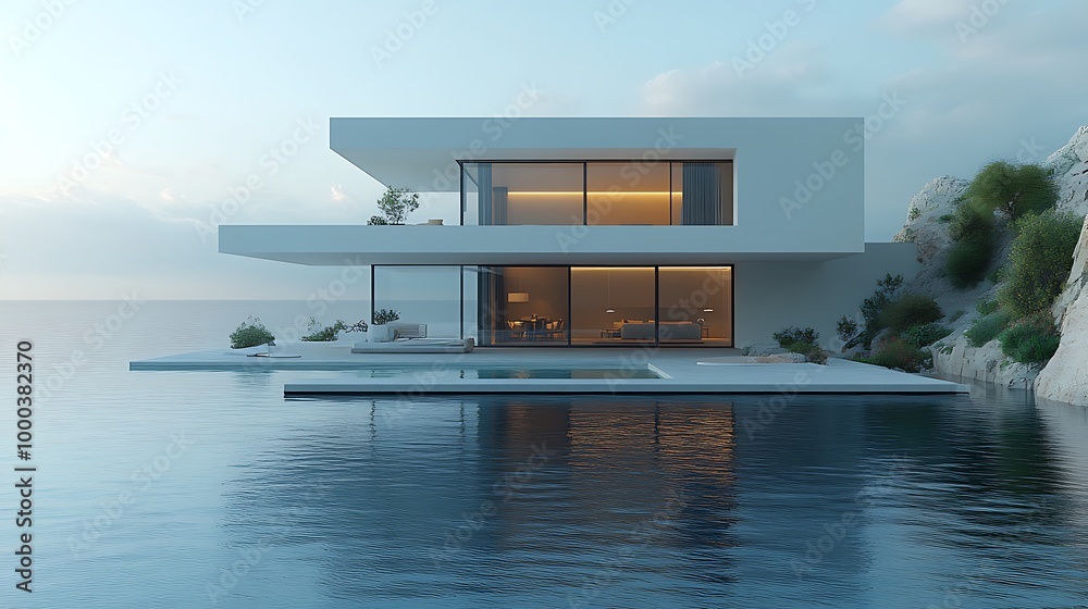 Fototapeta premium Modern Minimalist House with Infinity Pool Overlooking Ocean