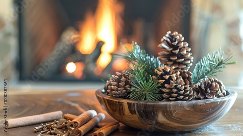 A cozy arrangement of pinecones and greenery in a wooden bowl, with a warm fireplace glowing in the background photo