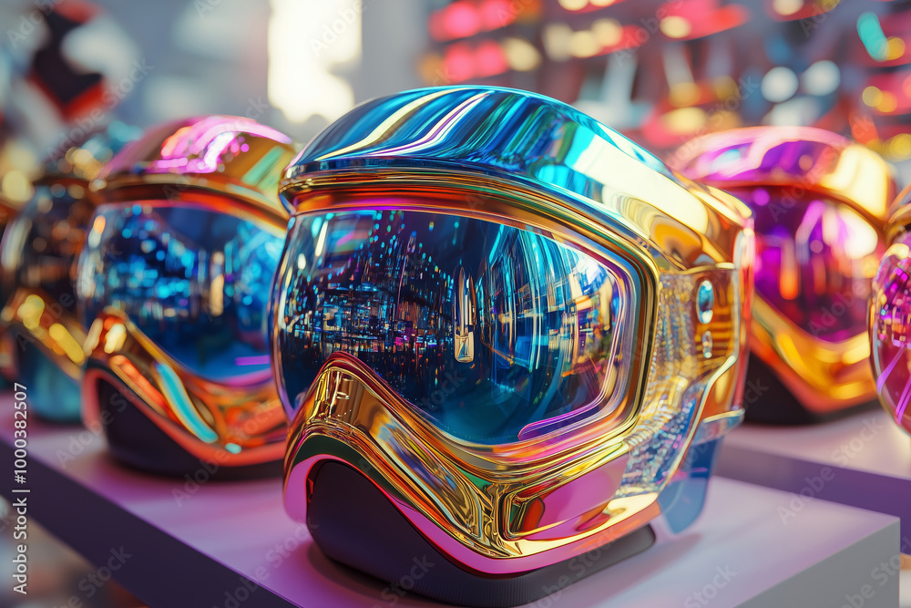 Fototapeta premium Futuristic helmet design showcased in a vibrant urban environment with reflective surfaces gleaming in a neon-lit market at dusk