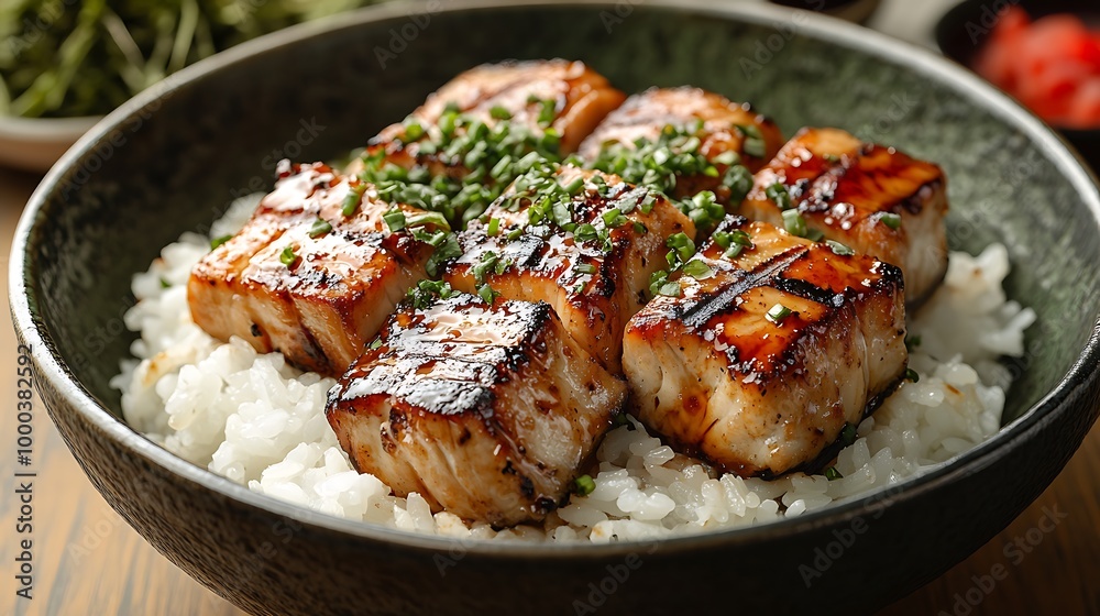 Delicious Teriyaki Salmon Bowl with Rice, Greens, and Pickled Ginger Delicious Teriyaki Salmon Bowl with Rice, Greens, and Pickled Ginger