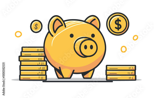 A pink piggy bank surrounded by stacks of golden coins. The illustration shows lines of excitement or shine around the piggy bank.