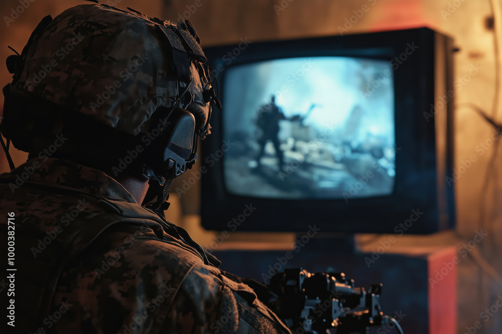 A soldier focuses intently on a glowing TV screen, immersed in a gripping military montage during a quiet evening A soldier focuses intently on a glowing TV screen, immersed in a gripping military montage during a quiet evening