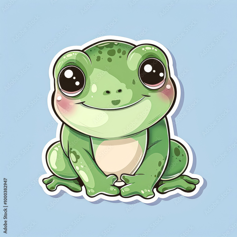 Fototapeta premium Green frog with a smile on its face. The frog is sitting on a blue background. The frog is cute and happy