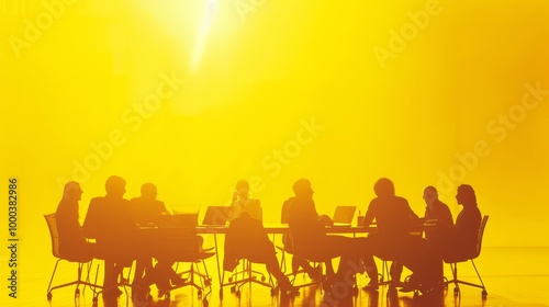 A group of business professionals sit around a conference table, silhouetted against a vivid yellow background. The scene evokes collaboration, leadership, and innovation in a bright and bold