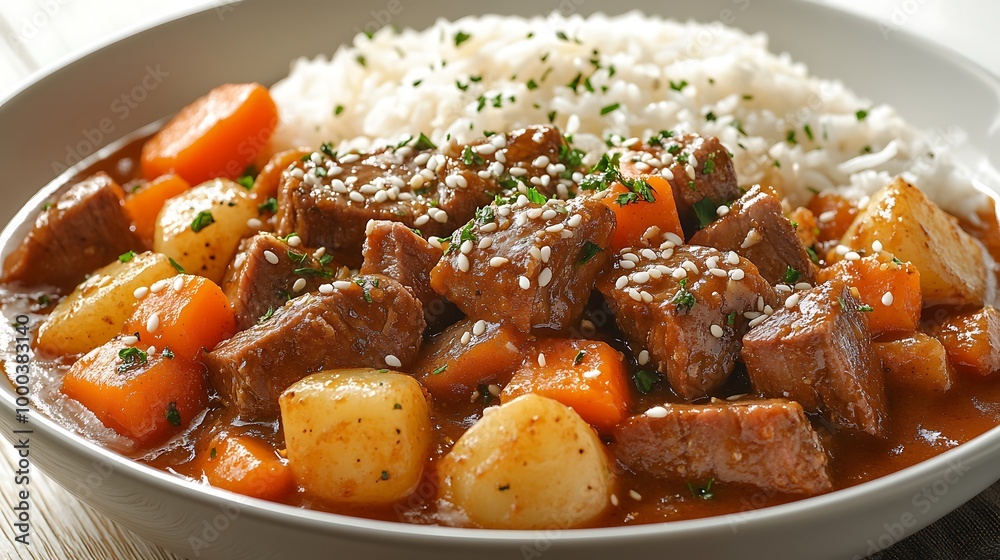 Beef stew with carrots, potatoes, and white rice Beef stew with carrots, potatoes, and white rice