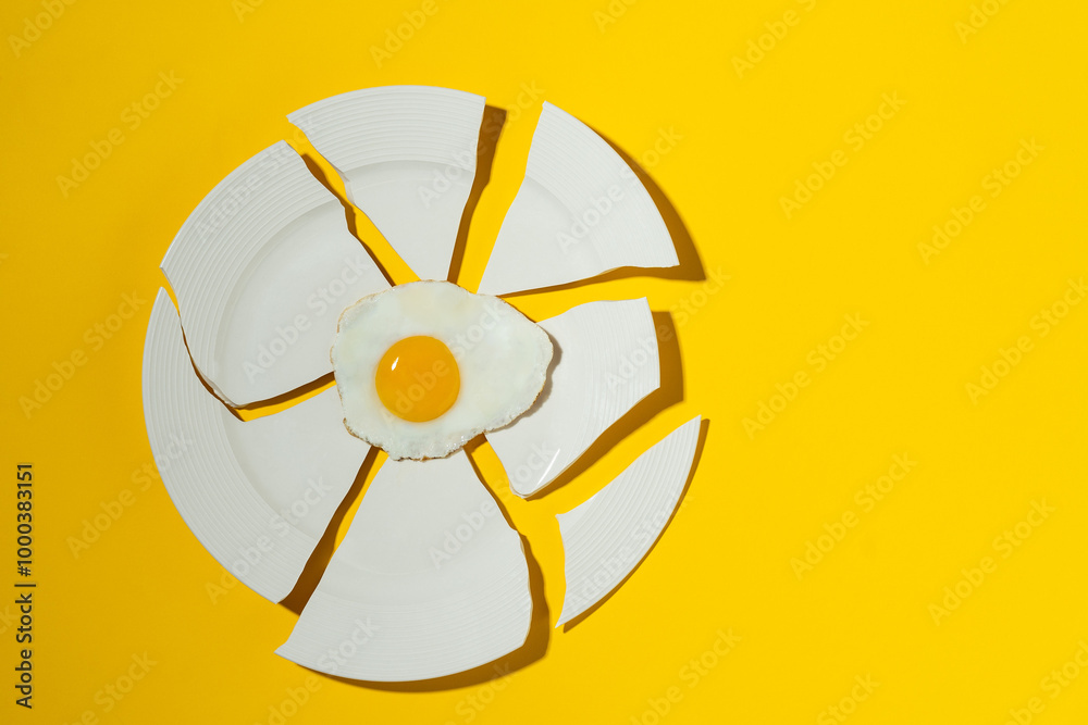 Fried Egg on Shattered Plate: A Breakfast Mishap Fried Egg on Shattered Plate: A Breakfast Mishap