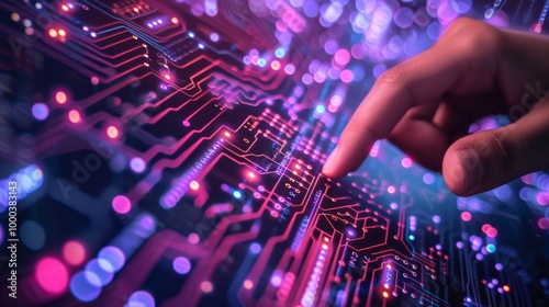 A close-up of a hand pressing on an illuminated circuit board, symbolizing human control over futuristic technology. Glowing pink and blue lights reflect the rise of AI and digital innovation.