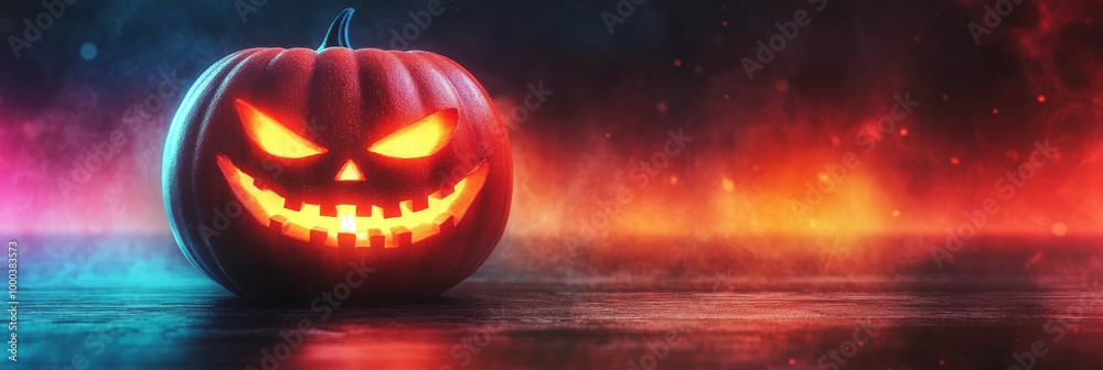 Fototapeta premium Spooky jack-o'-lantern with glowing eyes.