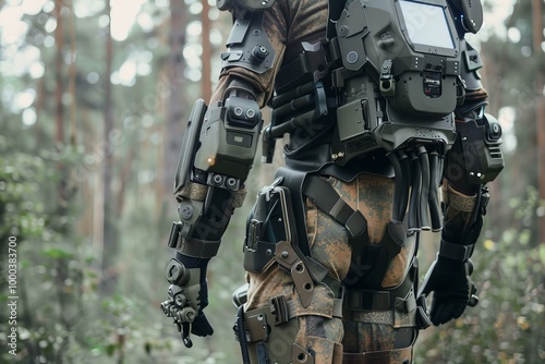 Soldier wearing an exoskeleton military suit is walking in the forest on a recon mission