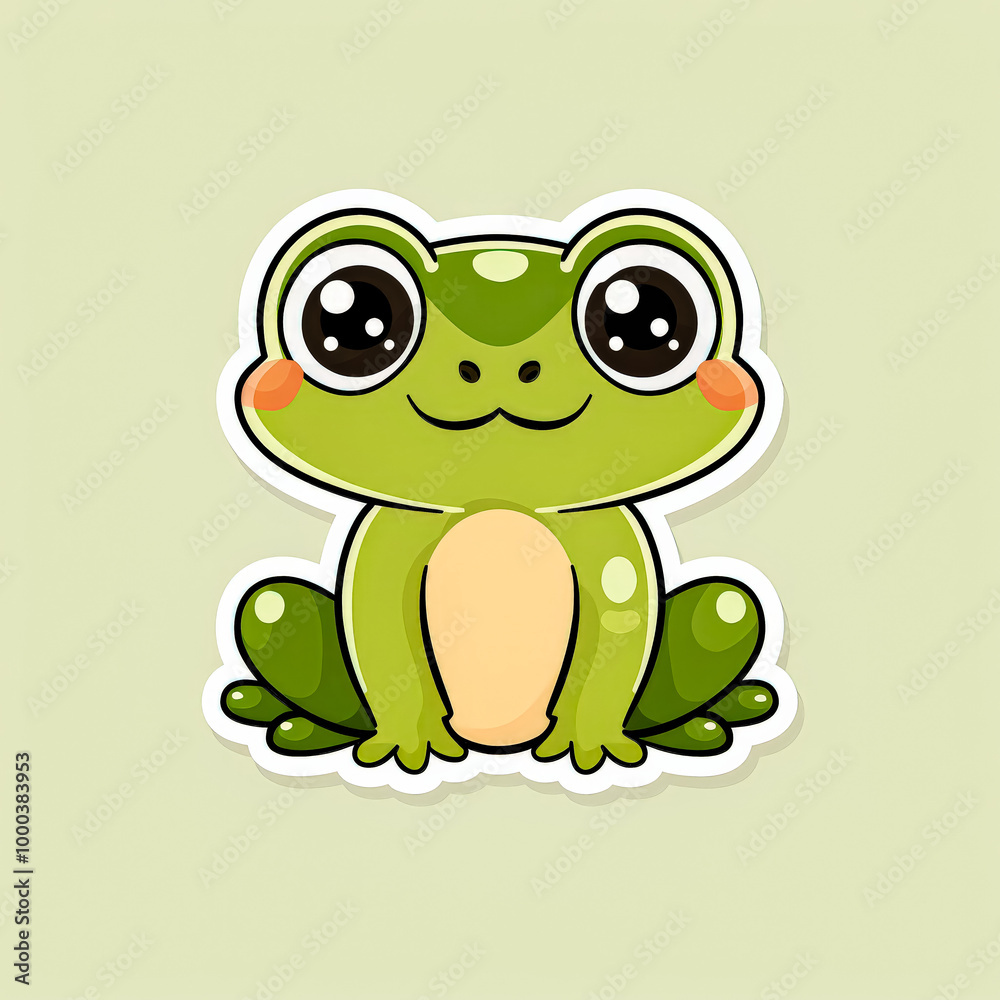 Fototapeta premium Green frog with smile on its face. Frog is sitting on light background. Frog is cute and happy