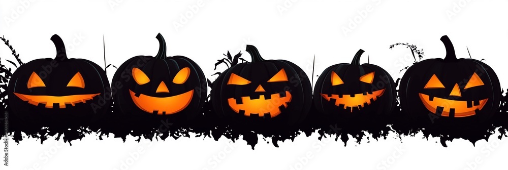 Row of glowing jack-o'-lanterns in black silhouette, capturing the spooky essence of Halloween, ideal for seasonal decorations, festive banners, and Halloween-themed content frame border banner Row of glowing jack-o'-lanterns in black silhouette, capturing the spooky essence of Halloween, ideal for seasonal decorations, festive banners, and Halloween-themed content frame border banner