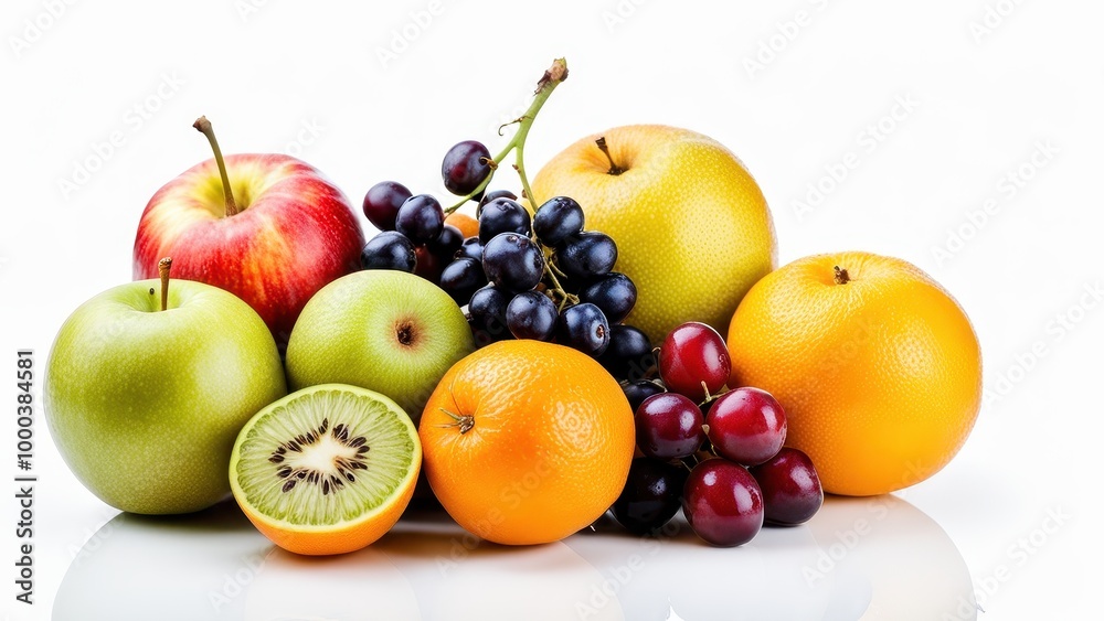 A vibrant assortment of fresh fruits arranged aesthetically on a reflective surface. A vibrant assortment of fresh fruits arranged aesthetically on a reflective surface.