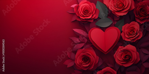 Heart and Roses on Red Background