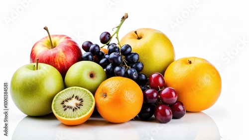 A vibrant assortment of fresh fruits arranged aesthetically on a reflective surface.