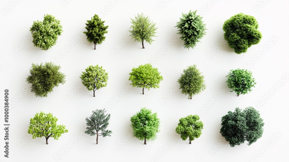 Collection of miniature green trees arranged in rows on a white background, diverse tree species in detailed model format, perfect for design and architectural visualization Collection of miniature green trees arranged in rows on a white background, diverse tree species in detailed model format, perfect for design and architectural visualization