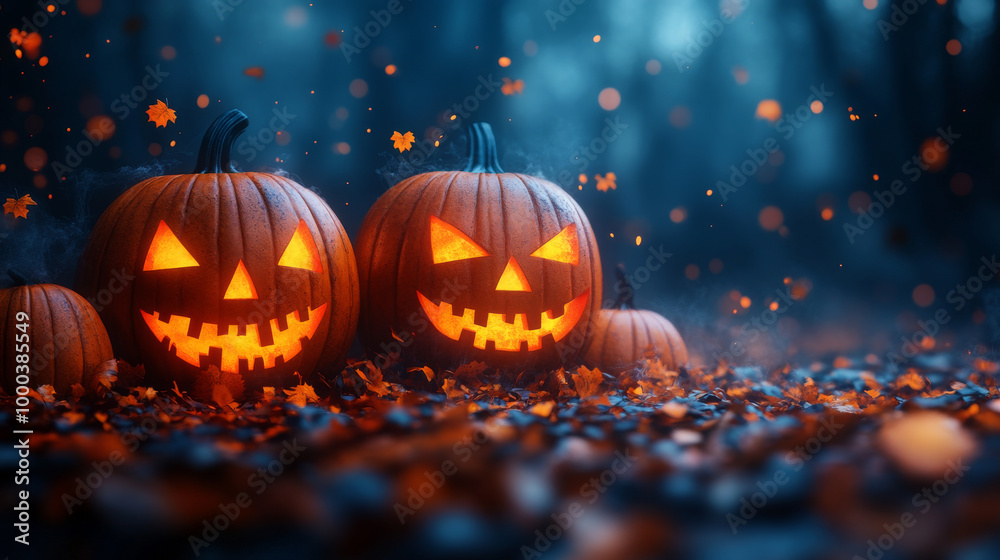 Fototapeta premium Spooky jack-o'-lanterns glow in the dark forest.