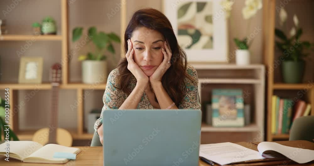 Woman, laptop and tired in home for remote work, overwhelmed and frustrated with mistake. Mature virtual assistant, annoyed and tech at desk with stress, finance error and problem solving for company