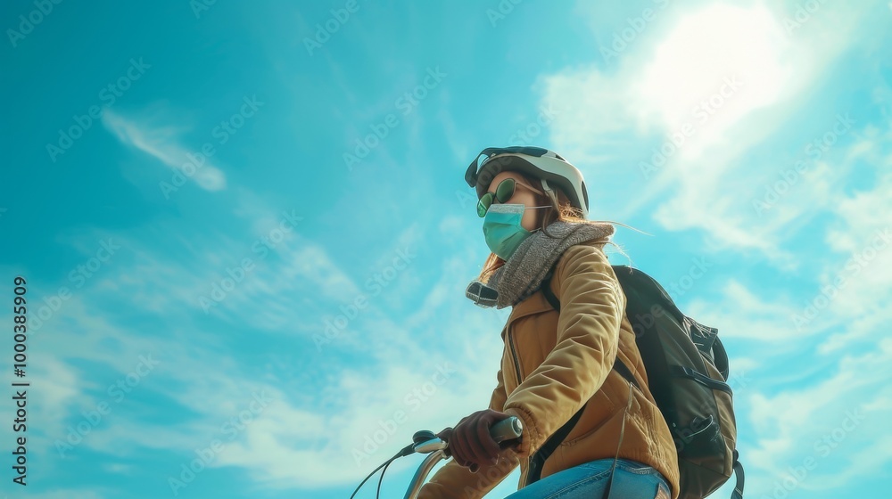 A woman cyclist wearing a helmet and mask enjoys a ride under a sunny, cloud-dotted sky. This image captures the spirit of outdoor adventures, health, and safety, along with a sense of freedom. A woman cyclist wearing a helmet and mask enjoys a ride under a sunny, cloud-dotted sky. This image captures the spirit of outdoor adventures, health, and safety, along with a sense of freedom.