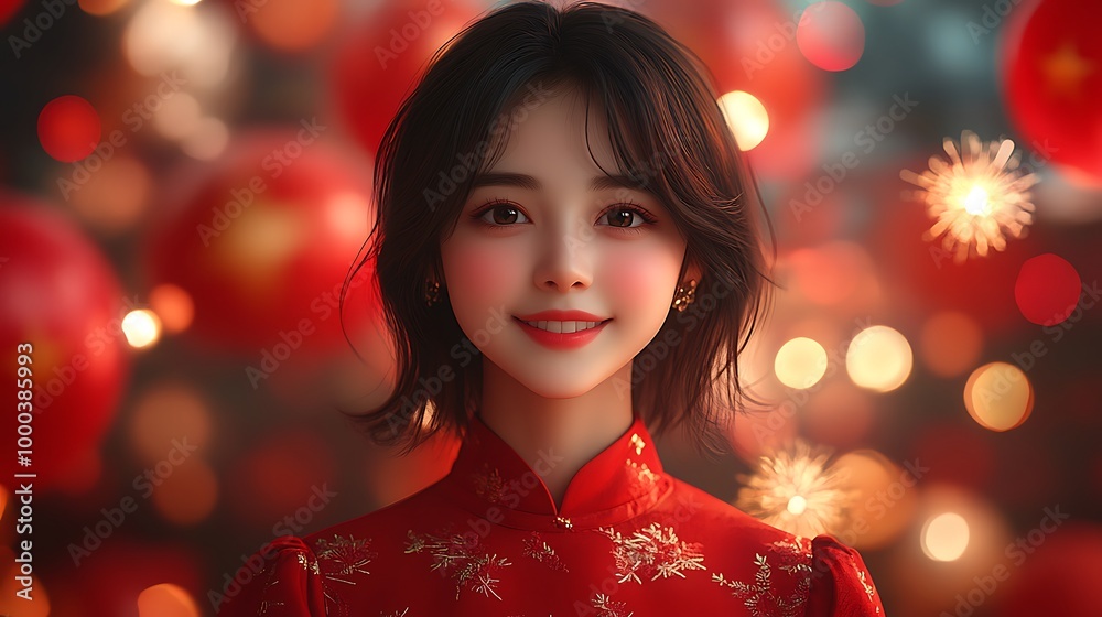 Smiling woman in red dress during Chinese New Year festival. Happy celebration with festive decorations and lanterns in background. Smiling woman in red dress during Chinese New Year festival. Happy celebration with festive decorations and lanterns in background.