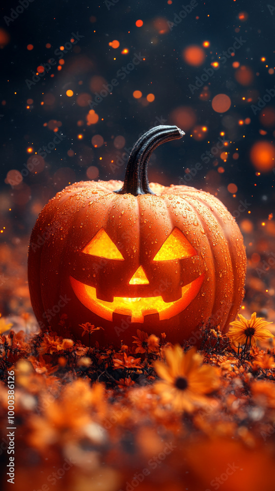 A glowing jack-o'-lantern sits in a field of autumn leaves. A glowing jack-o'-lantern sits in a field of autumn leaves.
