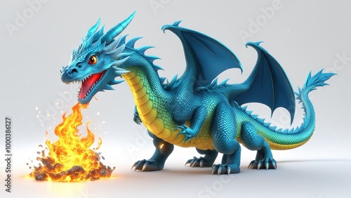 A vibrant blue dragon breathing fire, showcasing fantasy art and imaginative design.