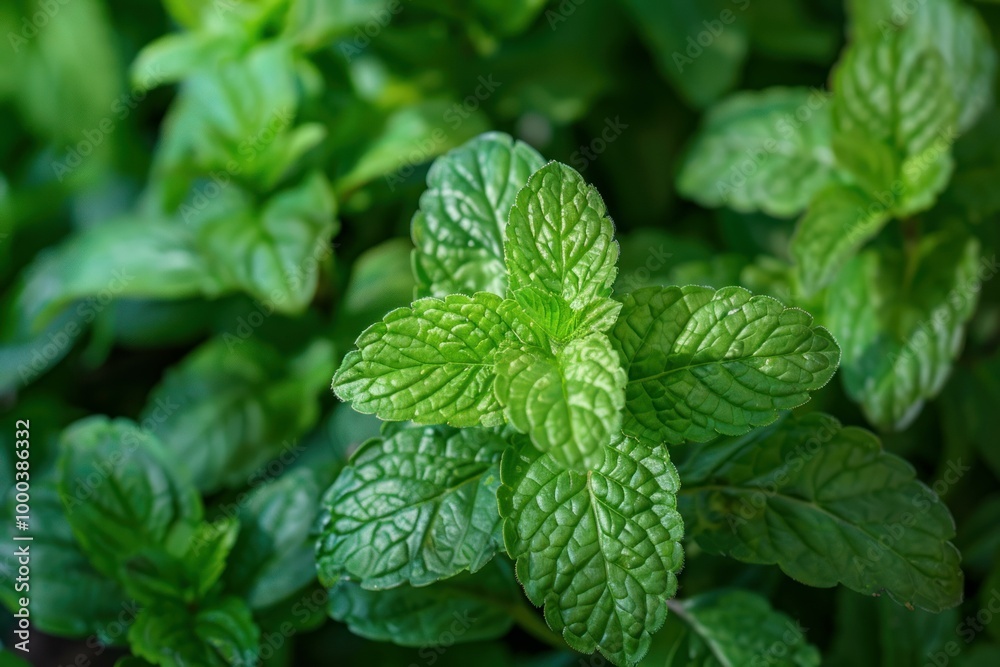 Vibrant green mint plant thriving in a lush garden setting, bathed in natural sunlight Vibrant green mint plant thriving in a lush garden setting, bathed in natural sunlight