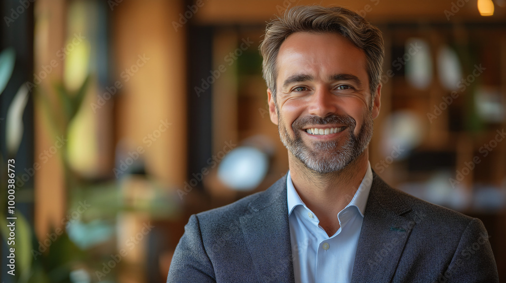 Obraz premium Smiling Businessman in Casual Setting with Blurred Background