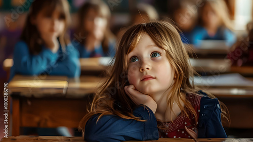 A young girl with red hair rests her chin in her hand, looking dreamily up in a classroom with other students in the background. photo