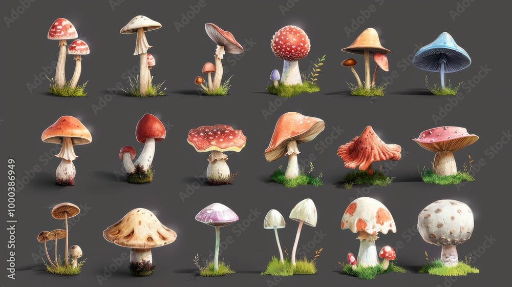 A colorful assortment of various mushroom species displayed with intricate details and vibrant colors against a neutral background