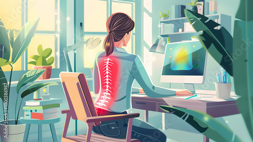 A digital illustration of a woman working at her desk with a visual overlay of her spine to indicate posture, surrounded by plants.