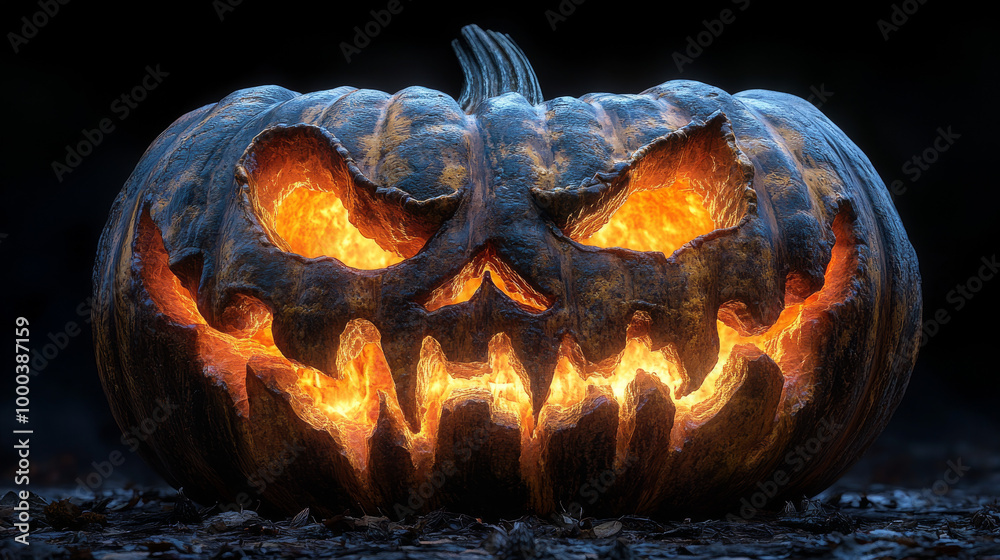 Fototapeta premium A menacing jack-o'-lantern glows with an eerie orange light.