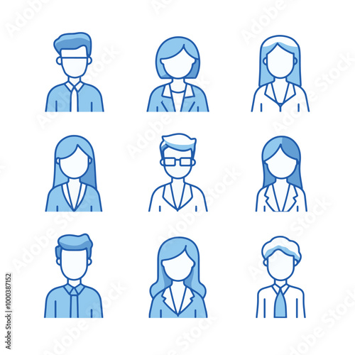 A set of nine business-themed avatar illustrations in a minimalist line art style with blue accents. Each character features different hairstyles, clothing, or glasses.