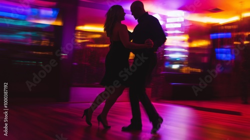 Couple salsa dancing in a vibrant nightclub with colorful lights and energetic atmosphere photo