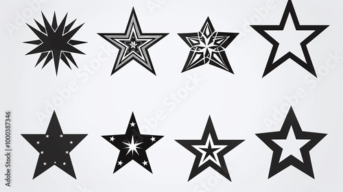 A diverse collection of black star vector icons showcasing various intricate geometric designs and abstract patterns, ideal for creative projects, graphic design, and branding.